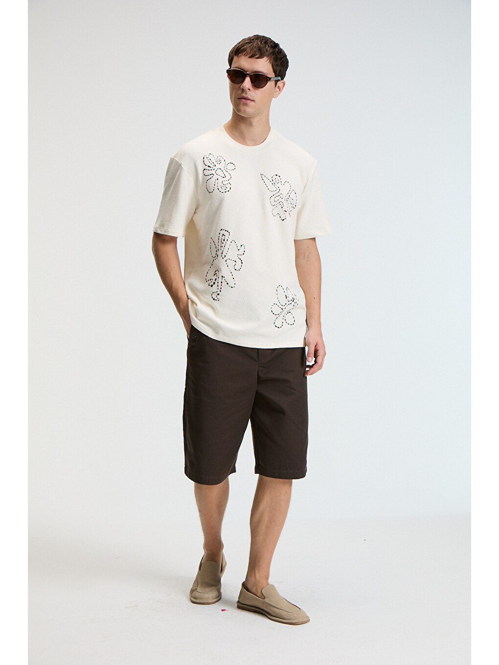 Bej Baggy Erkek %100 Pamuk Oversize Fit Baskılı Kısa Kollu Yuvarlak Yakalı Vanilya T-shirt-4