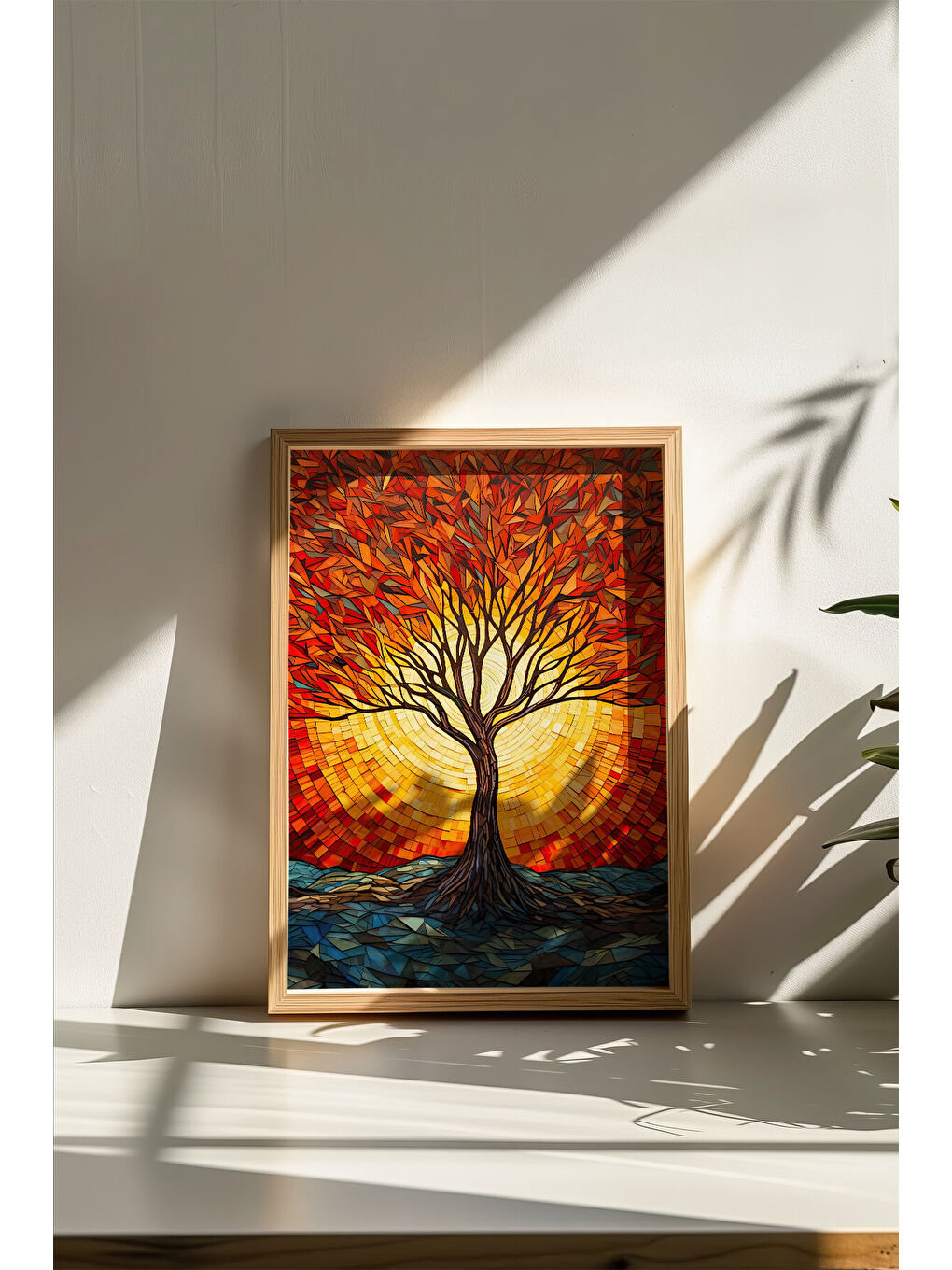 Beyaz Tek Parça Gerçek Ham Ahşap Çerçeveli Mosaic Temalı Tablo - Model 5 - MSCARTMDL5-3348-2