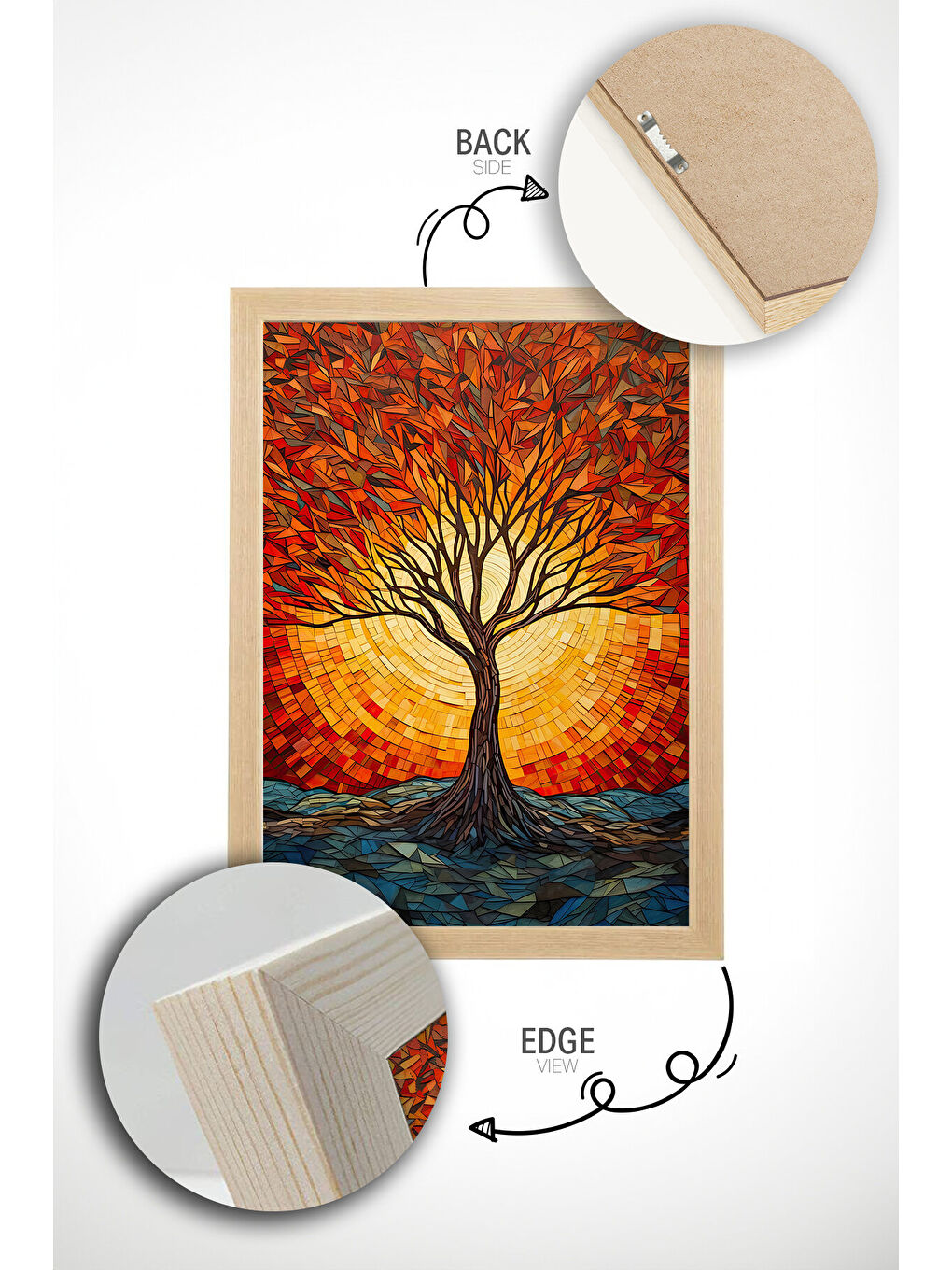 Beyaz Tek Parça Gerçek Ham Ahşap Çerçeveli Mosaic Temalı Tablo - Model 5 - MSCARTMDL5-3348-3