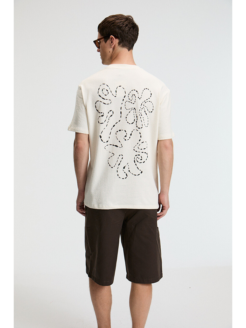 Bej Baggy Erkek %100 Pamuk Oversize Fit Baskılı Kısa Kollu Yuvarlak Yakalı Vanilya T-shirt-5