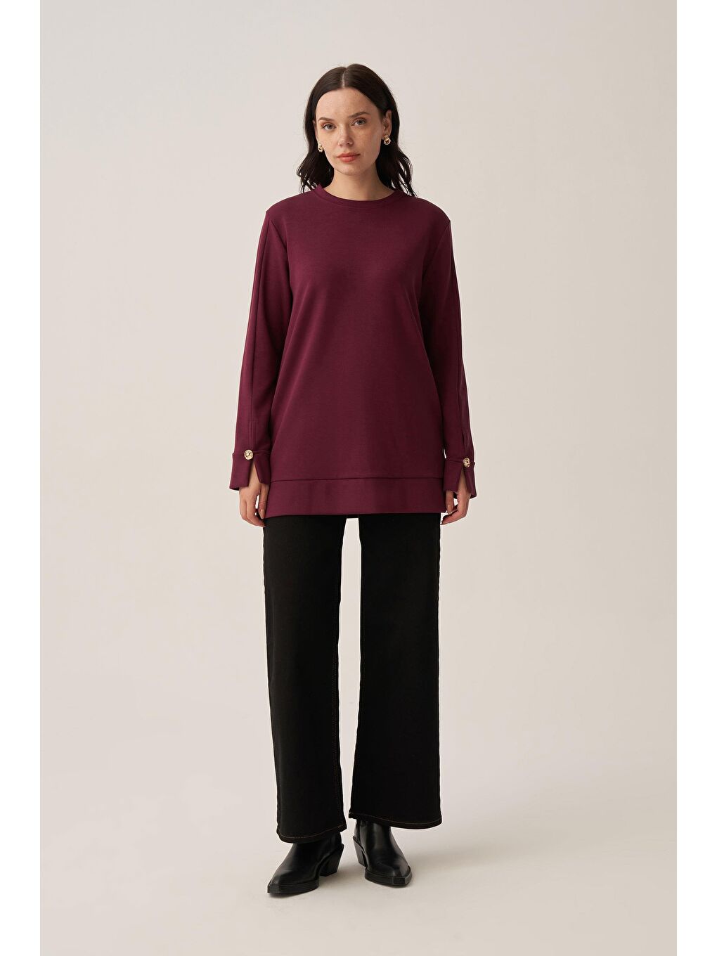 Bordo-Yumuşak Dokulu Gold Dügmeli Sweatshirt-1