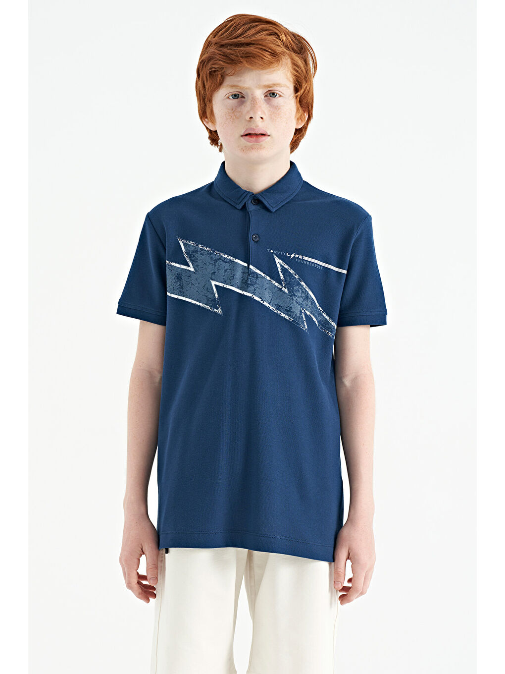 İndigo Baskı Detaylı Standart Kalıp Polo Yaka Erkek Çocuk Tişört - 11154