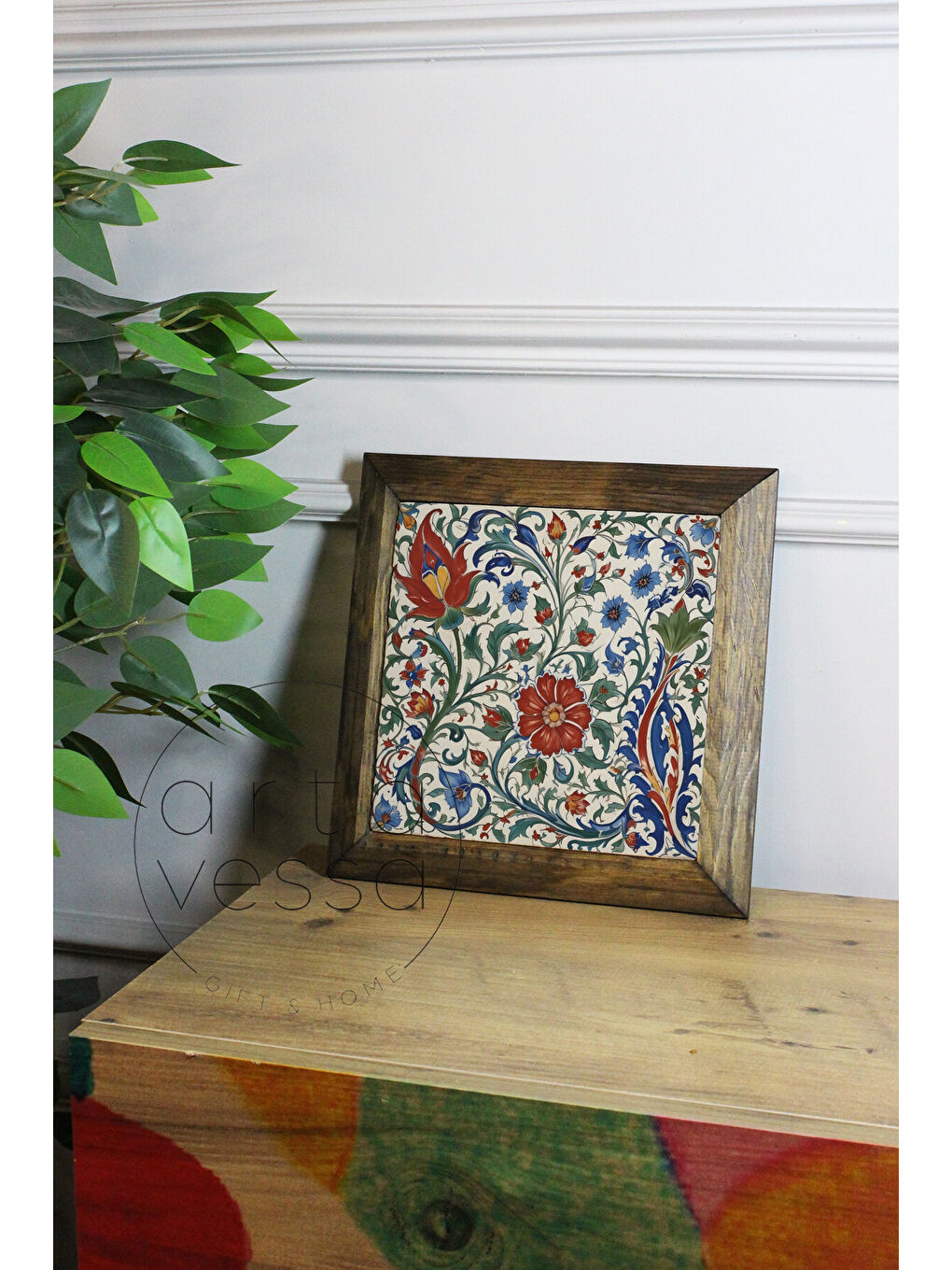 Beyaz Masif Ahşap Çerçeveli Taş Tablo Pano 16 x 16 cm - Çini 1 - 16 x 16