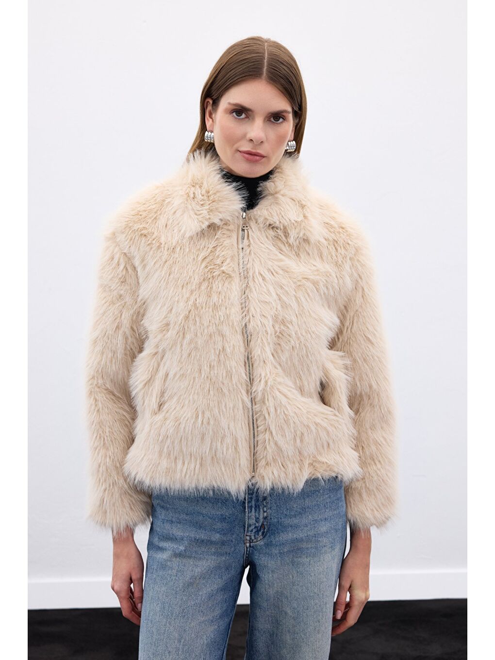 Fermuarlı Kürk - Bej-1