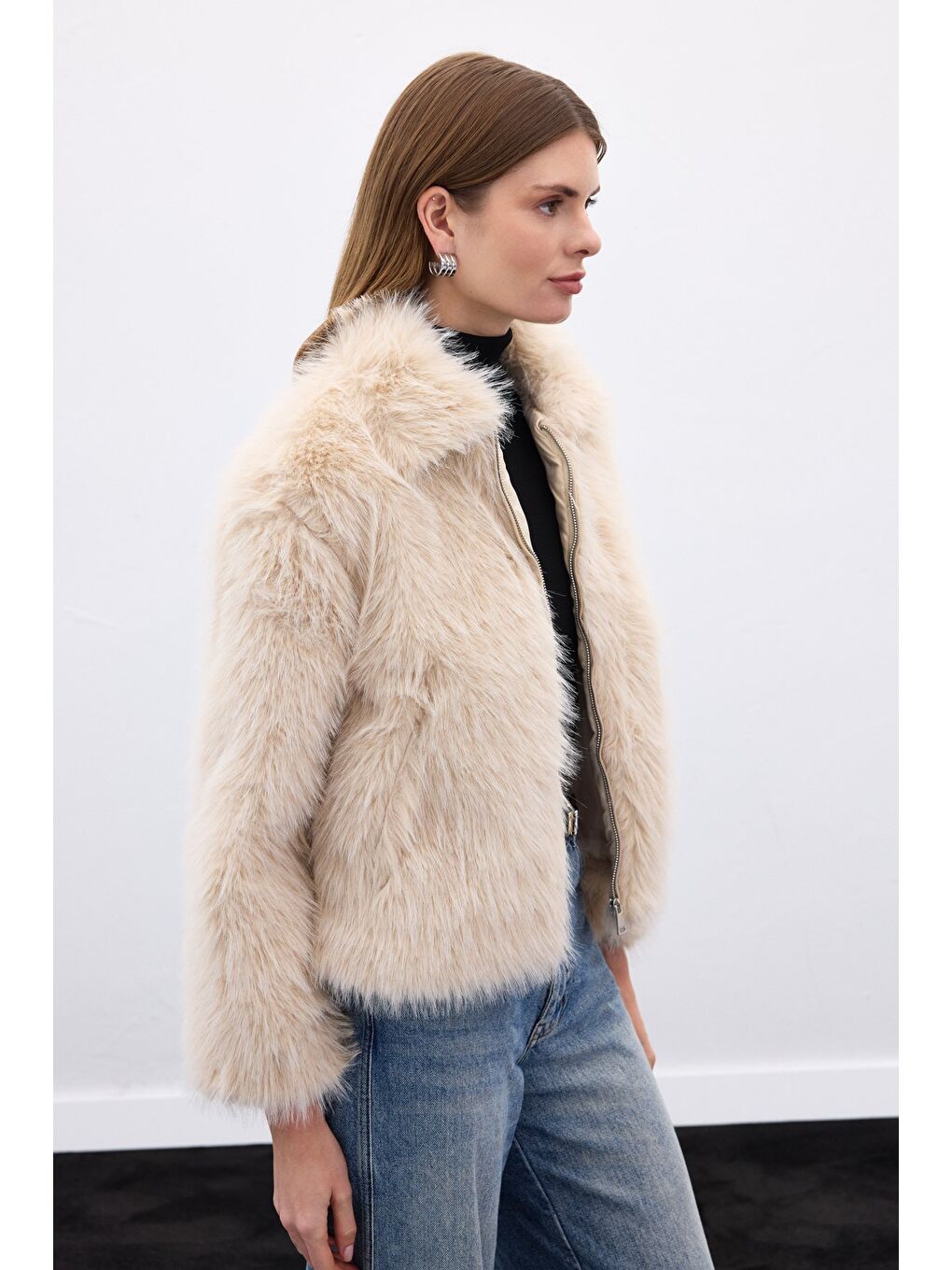 Fermuarlı Kürk - Bej-2