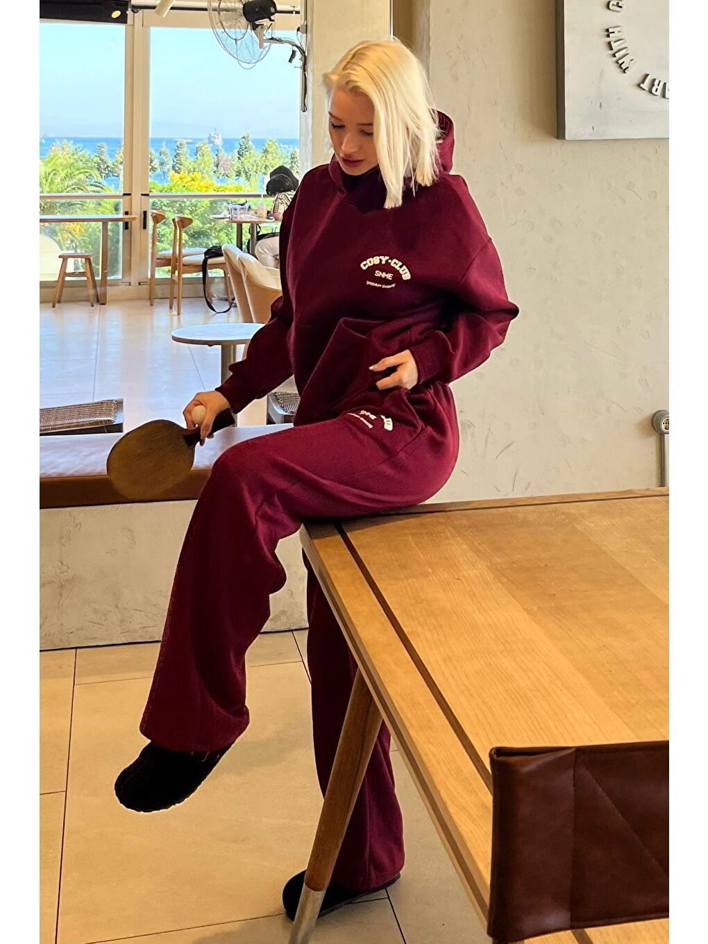 Bordo Kapüşonlu Baskılı Kadın Eşofman Takımı Mg2524-10