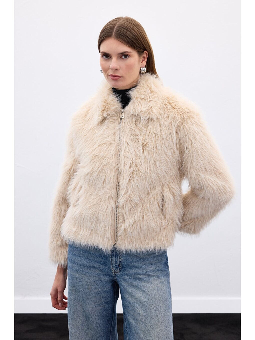 Fermuarlı Kürk - Bej-3