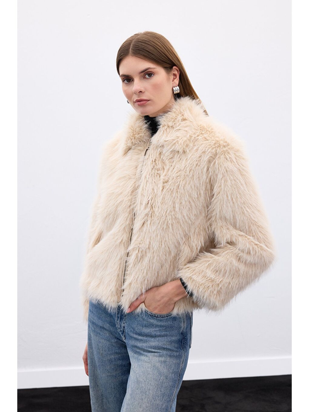 Fermuarlı Kürk - Bej-4
