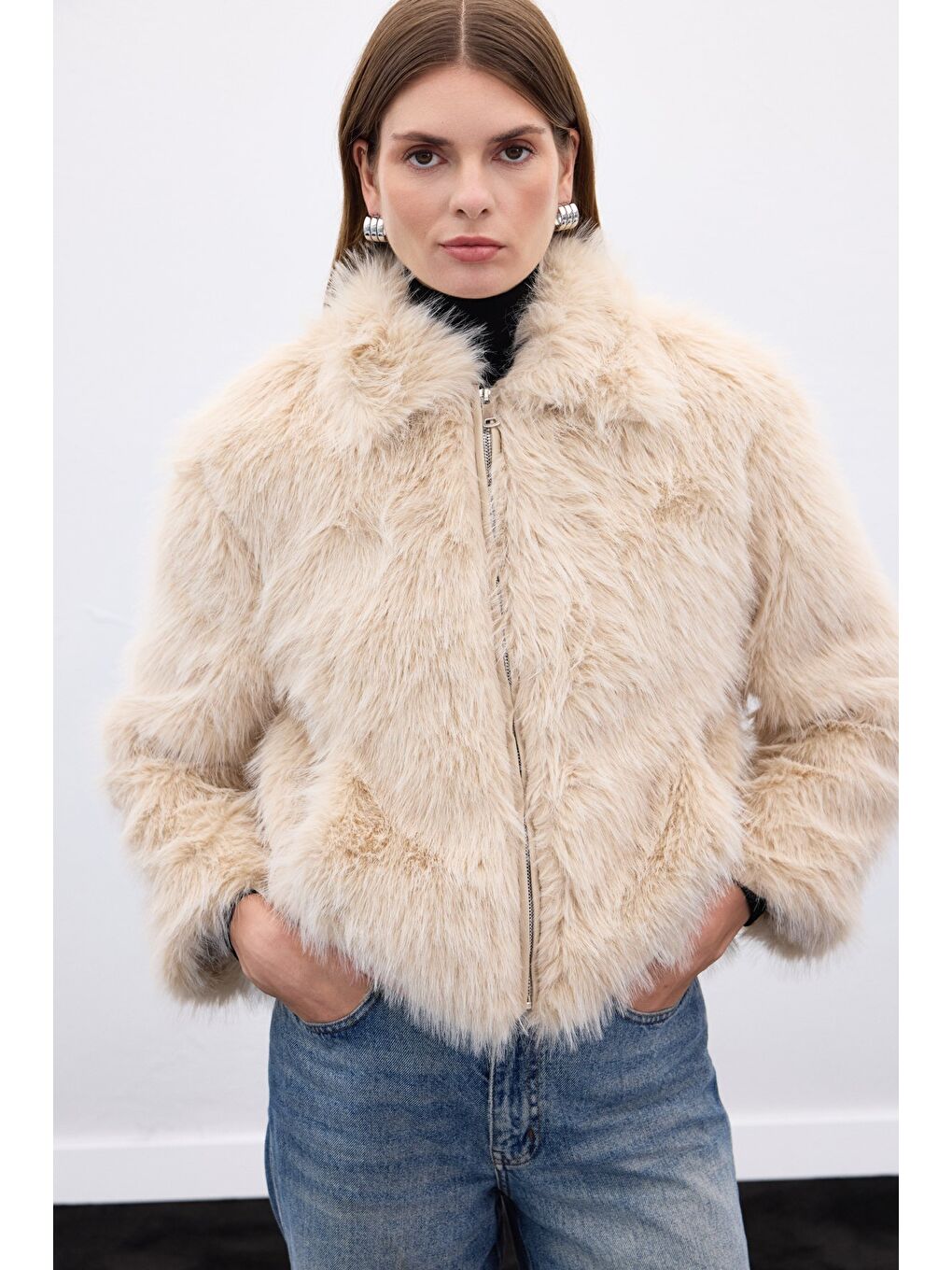 Fermuarlı Kürk - Bej-5