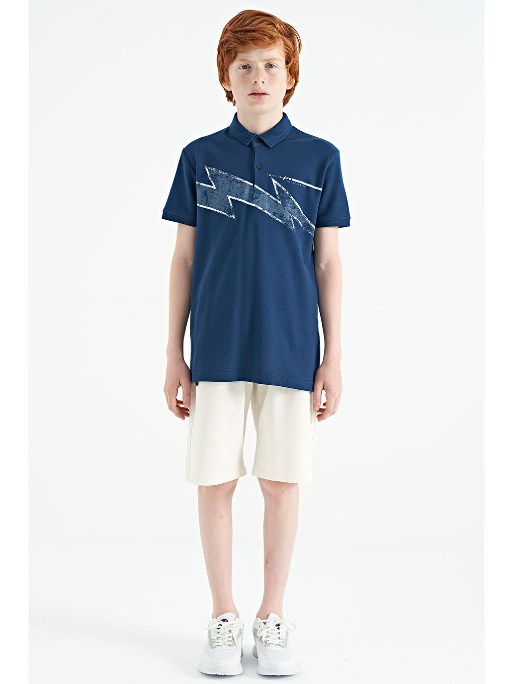 İndigo Baskı Detaylı Standart Kalıp Polo Yaka Erkek Çocuk Tişört - 11154-1