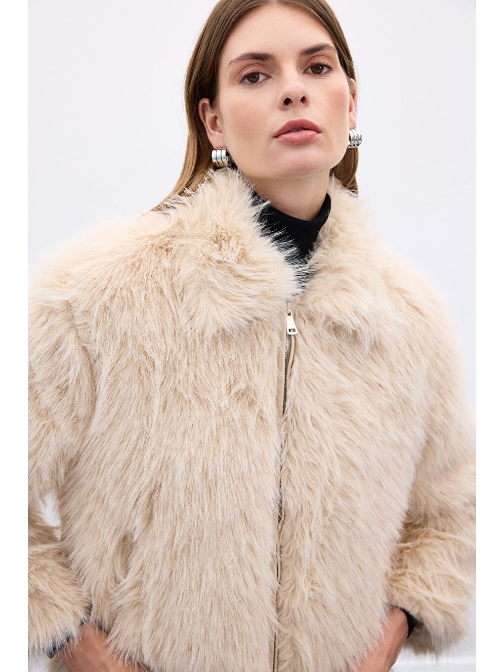 Fermuarlı Kürk - Bej-6