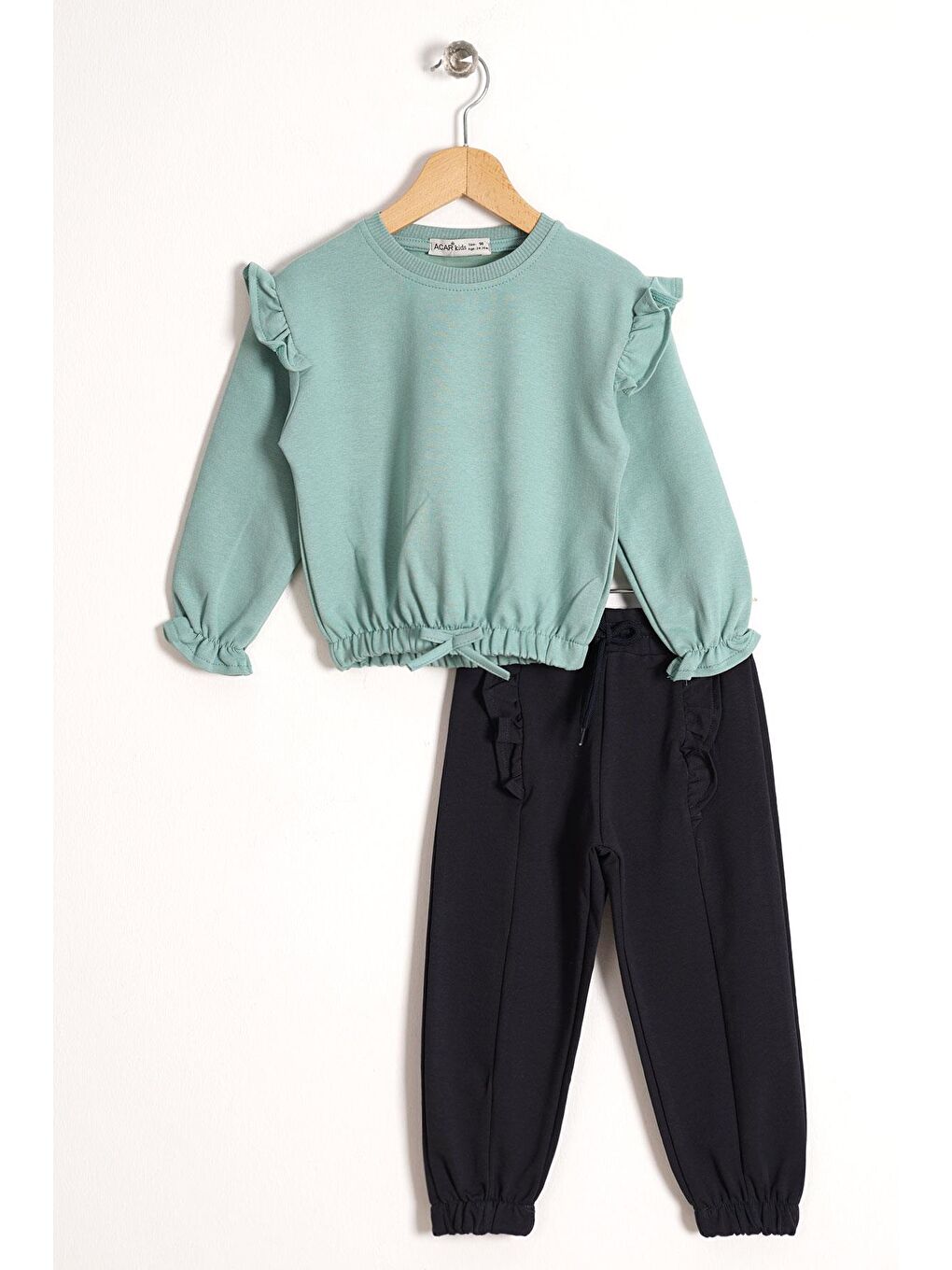 Gri Bisiklet Yaka Uzun Kol Pantolonu Dikiş Detaylı Çağla Füme Renk Kız Çocuk Esofman Takım