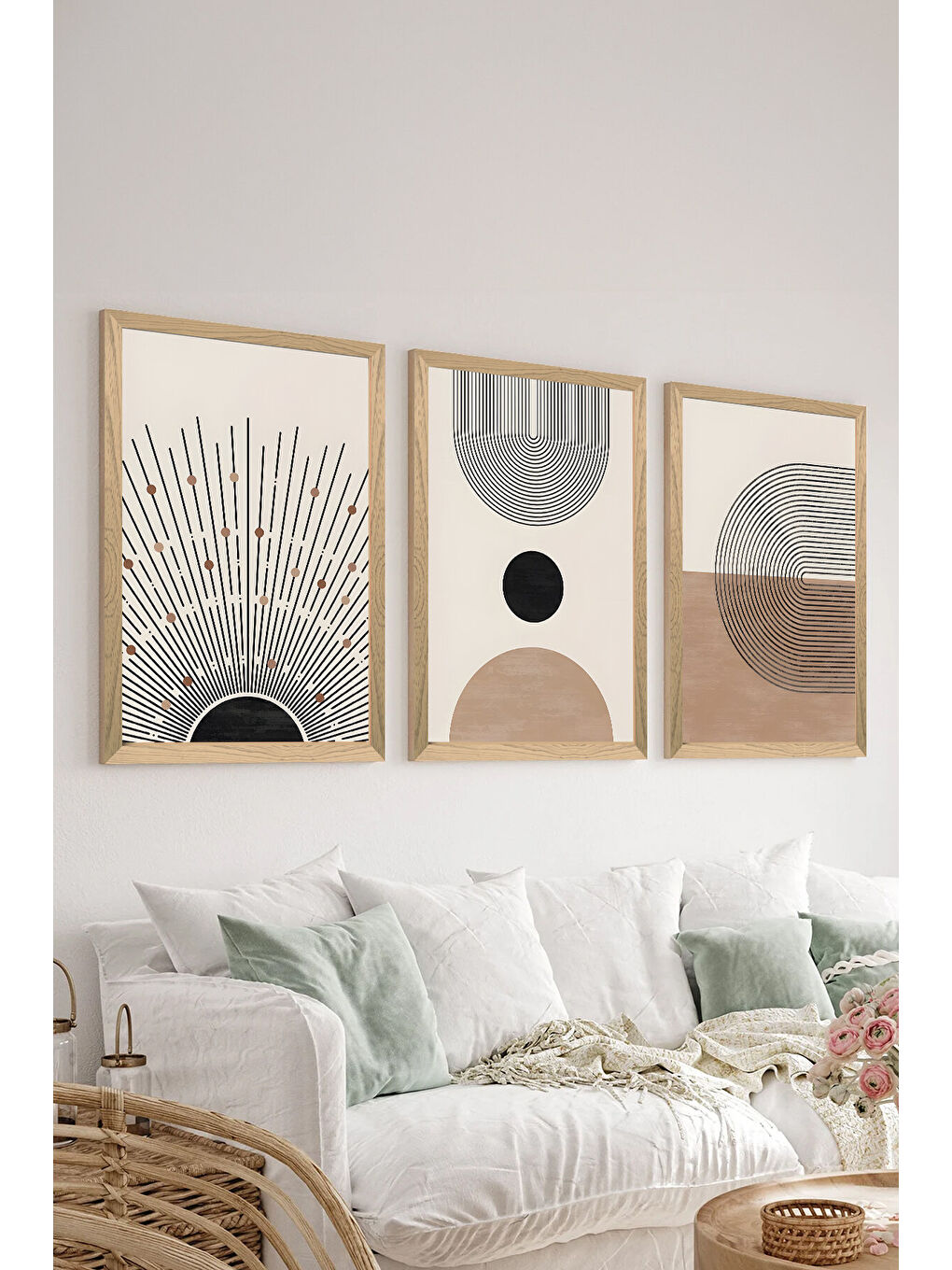 Beyaz 3 Parça Ahşap Çerçeve Görünümlü MDF Poster Tablo Seti - Set 12 - MDF3DSOHOSET12-2030