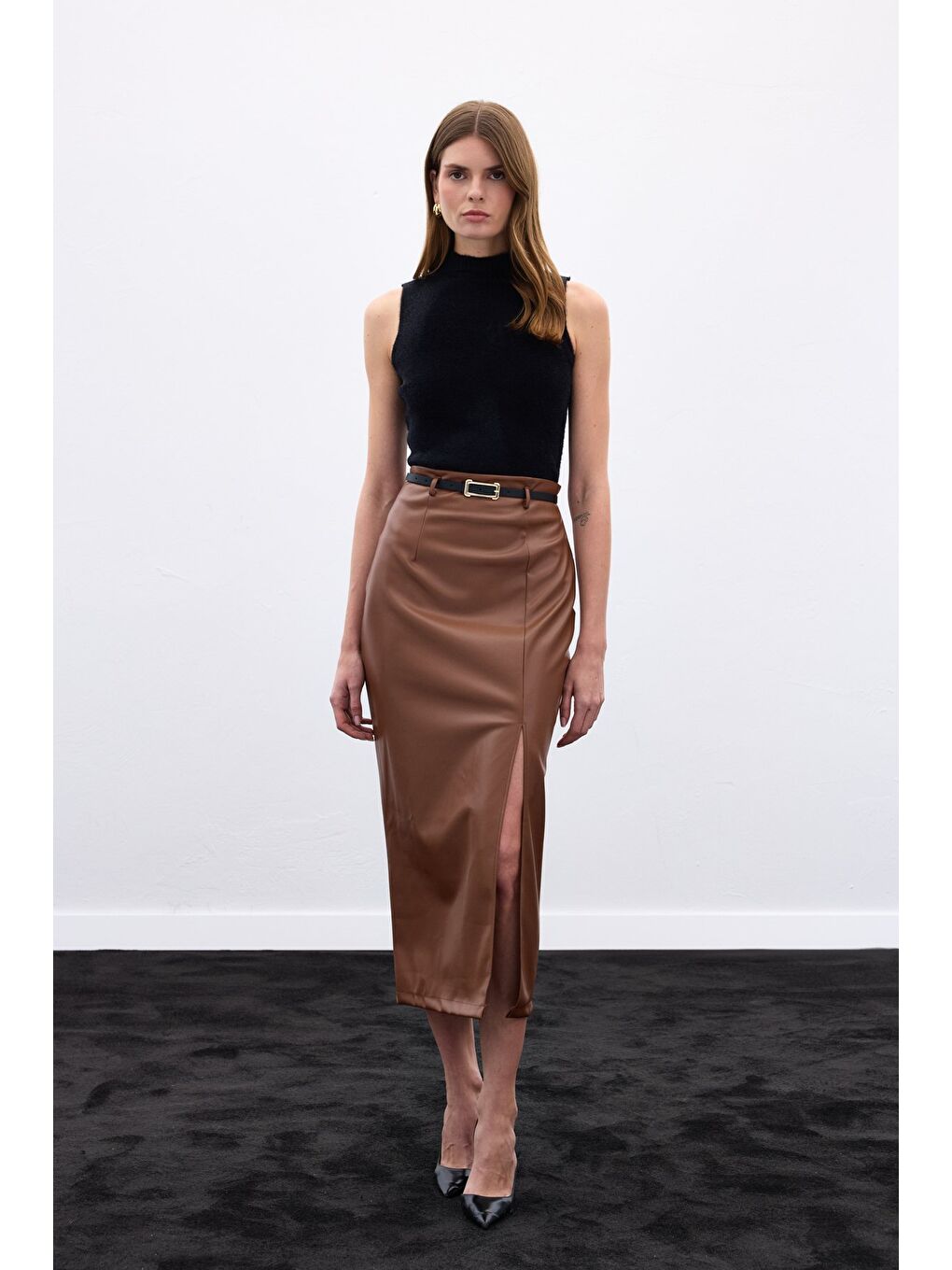 Kahverengi Kemerli Deri Etek - Kahve-3