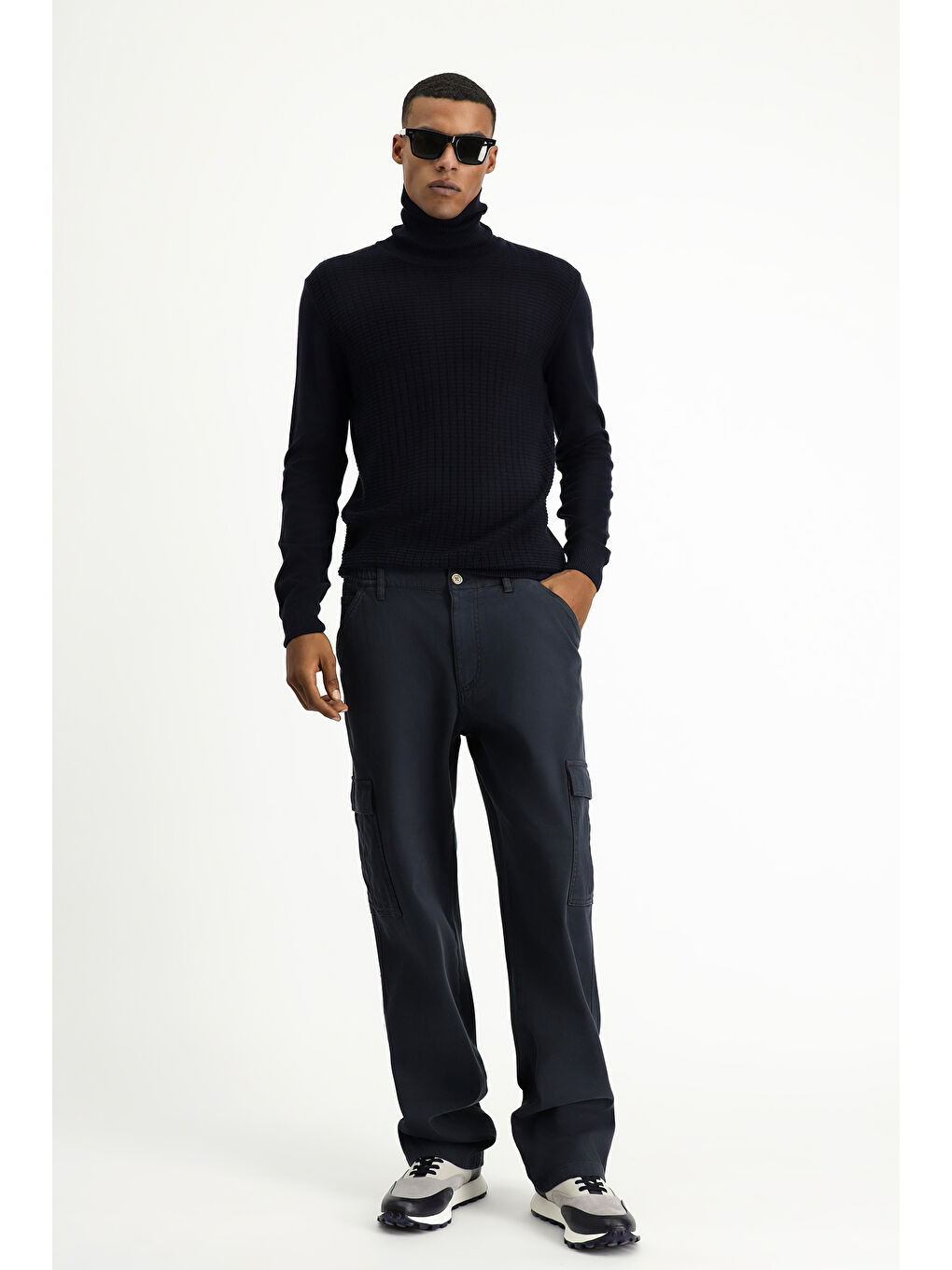 Lacivert Balıkçı Yaka Regular Fit Desenli Pamuklu Triko Kazak-1