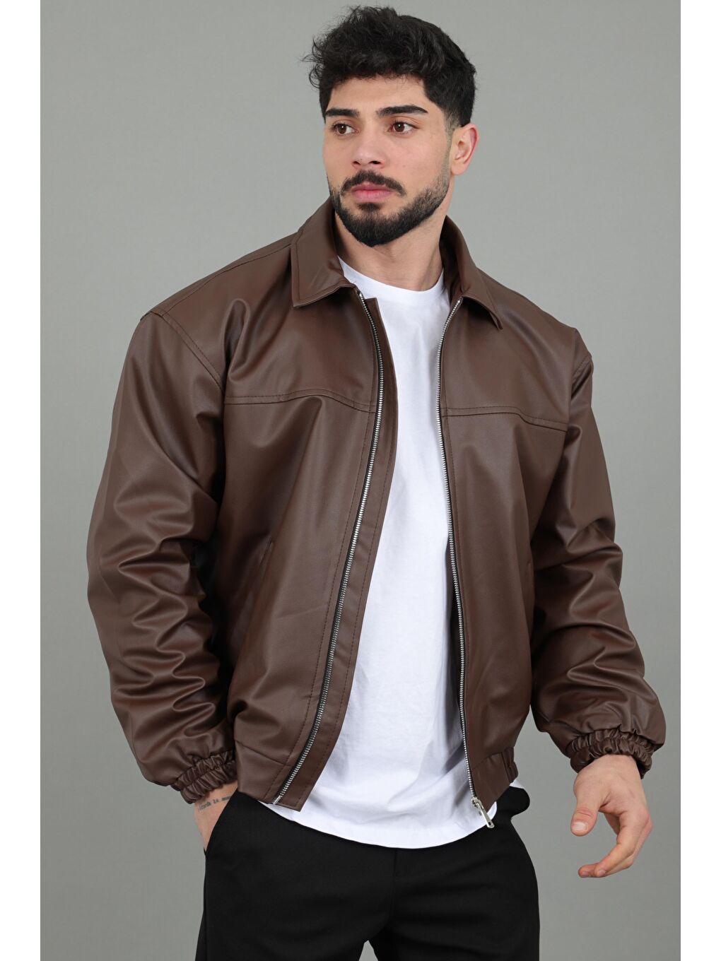 Kahverengi Yakalı Bel Lastikli Suni Deri Mont 1787_50446-1