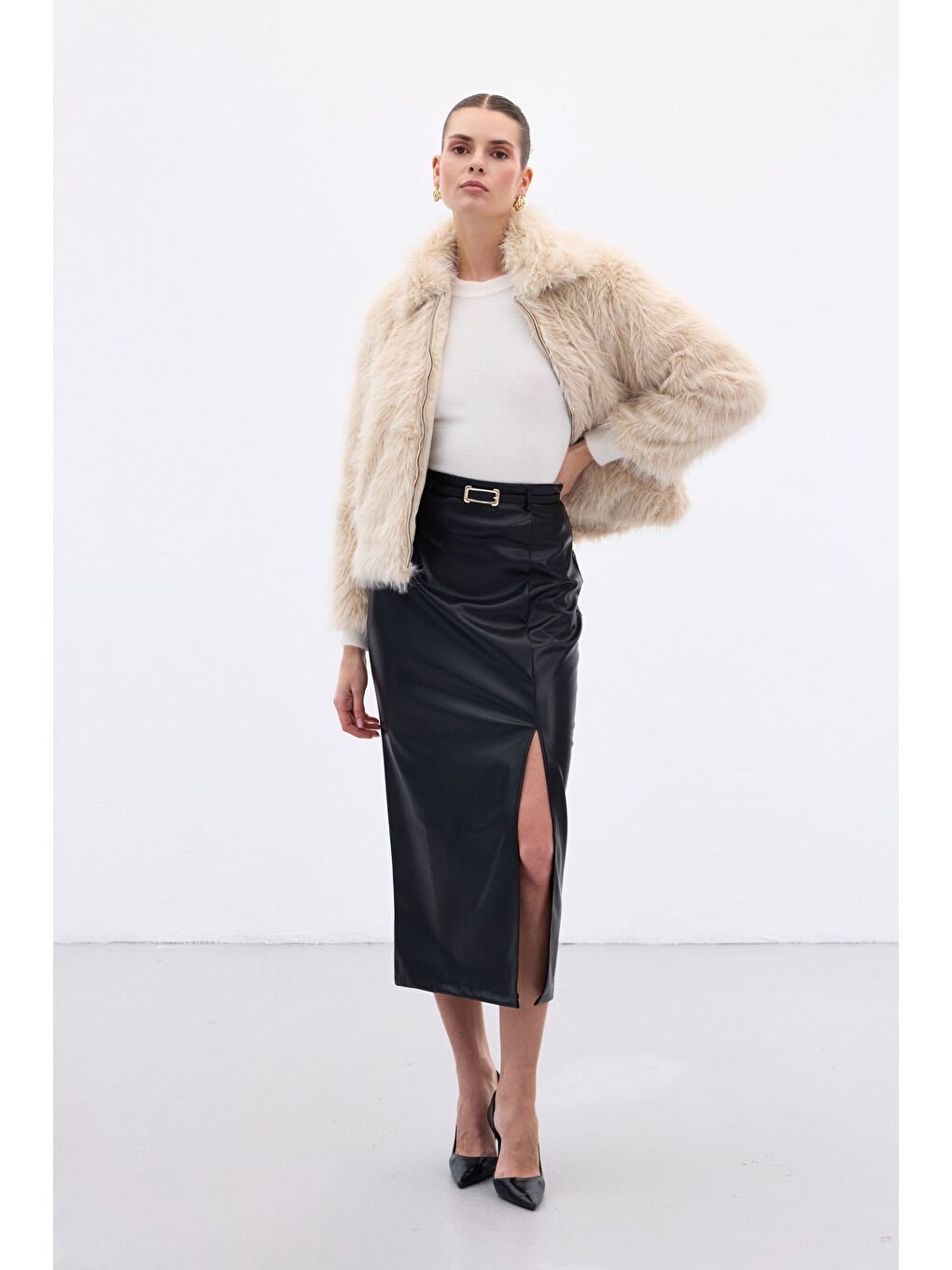Kemerli Deri Etek - Siyah-1