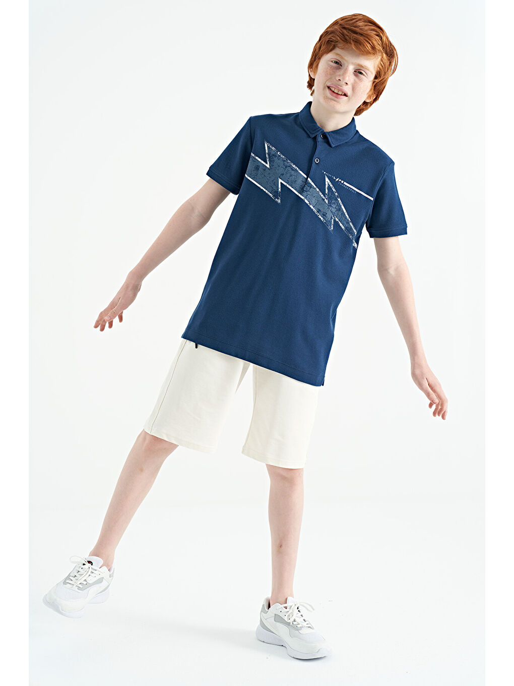 İndigo Baskı Detaylı Standart Kalıp Polo Yaka Erkek Çocuk Tişört - 11154-3