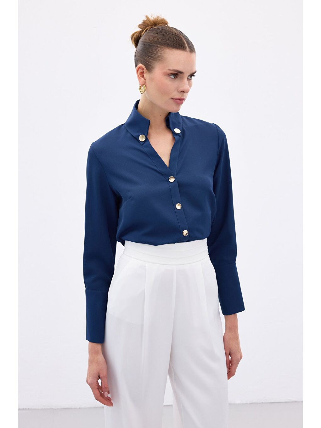 Çıt Çıt Detaylı Gömlek - İndigo-1