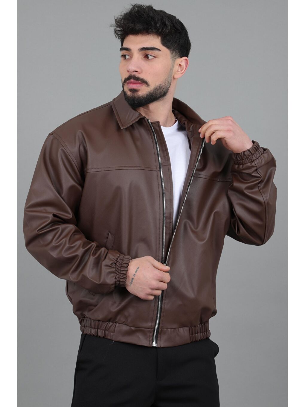 Kahverengi Yakalı Bel Lastikli Suni Deri Mont 1787_50446-2