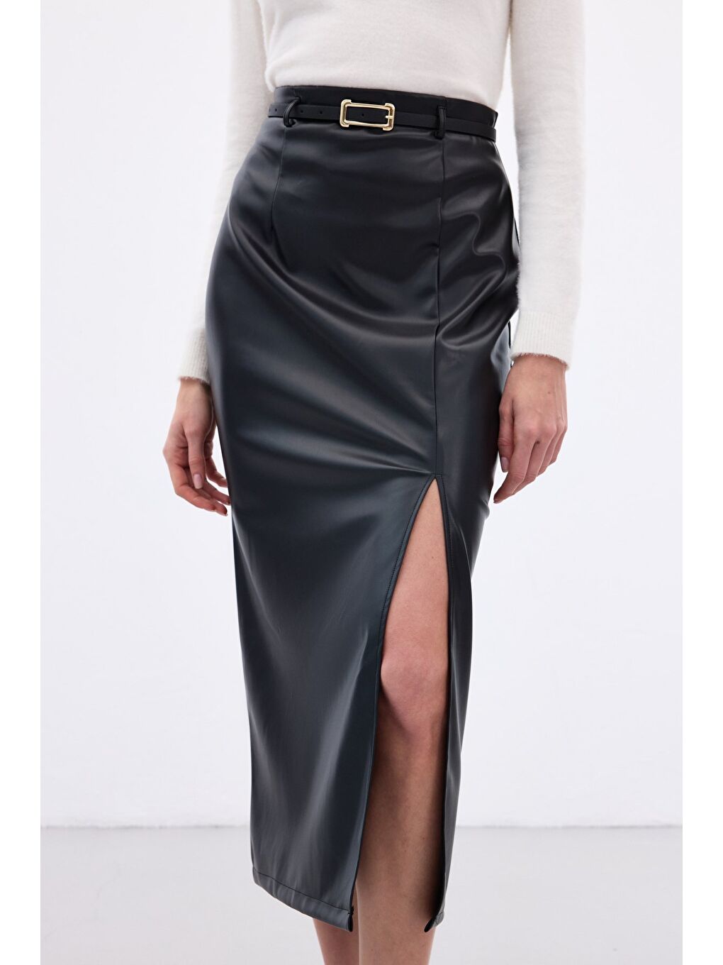 Kemerli Deri Etek - Siyah-6