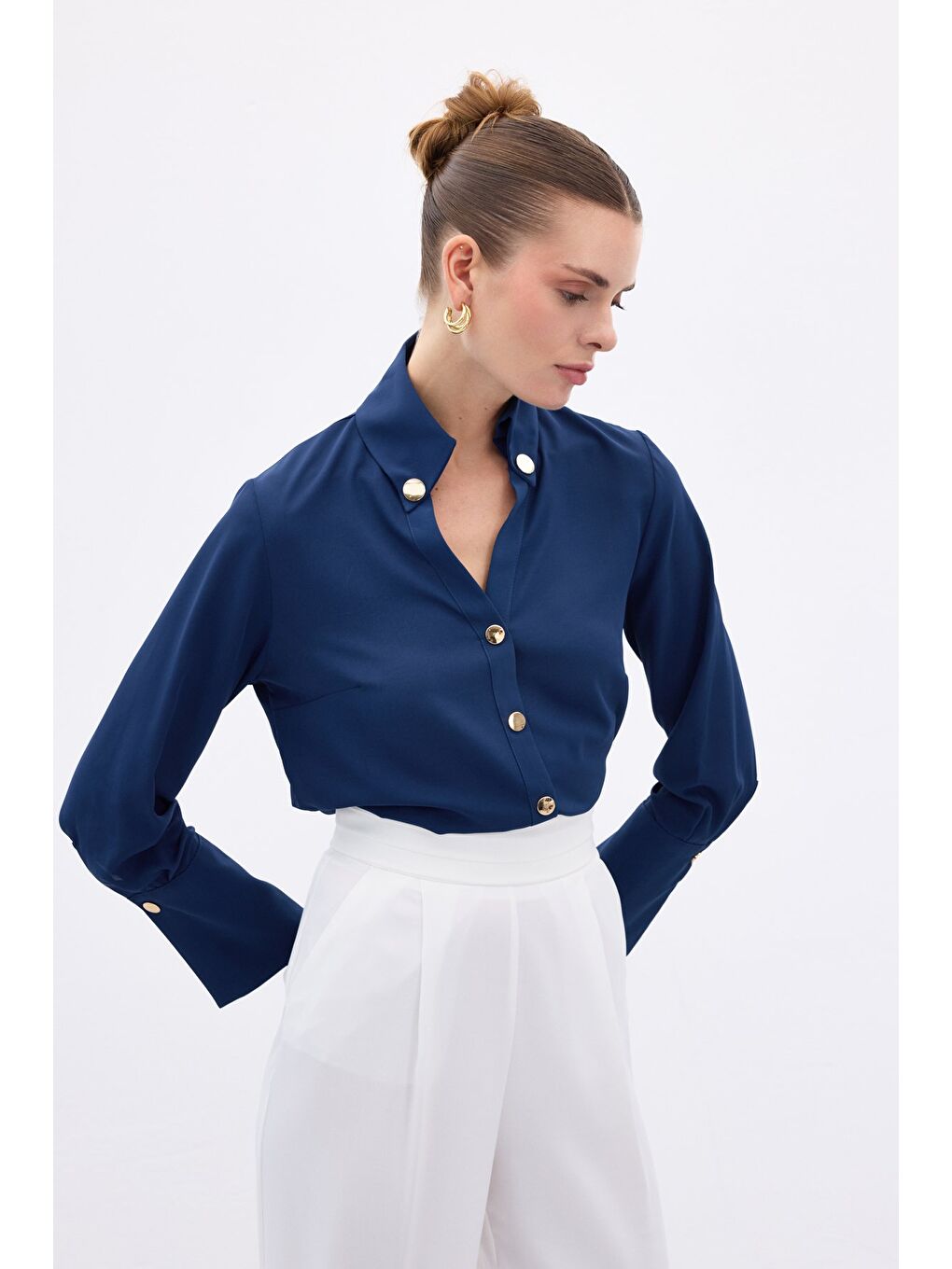 Çıt Çıt Detaylı Gömlek - İndigo-3
