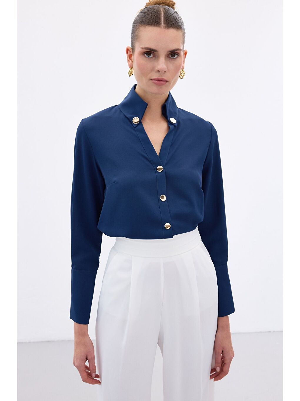 Çıt Çıt Detaylı Gömlek - İndigo-5