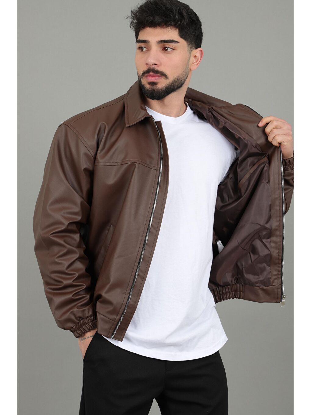 Kahverengi Yakalı Bel Lastikli Suni Deri Mont 1787_50446-3