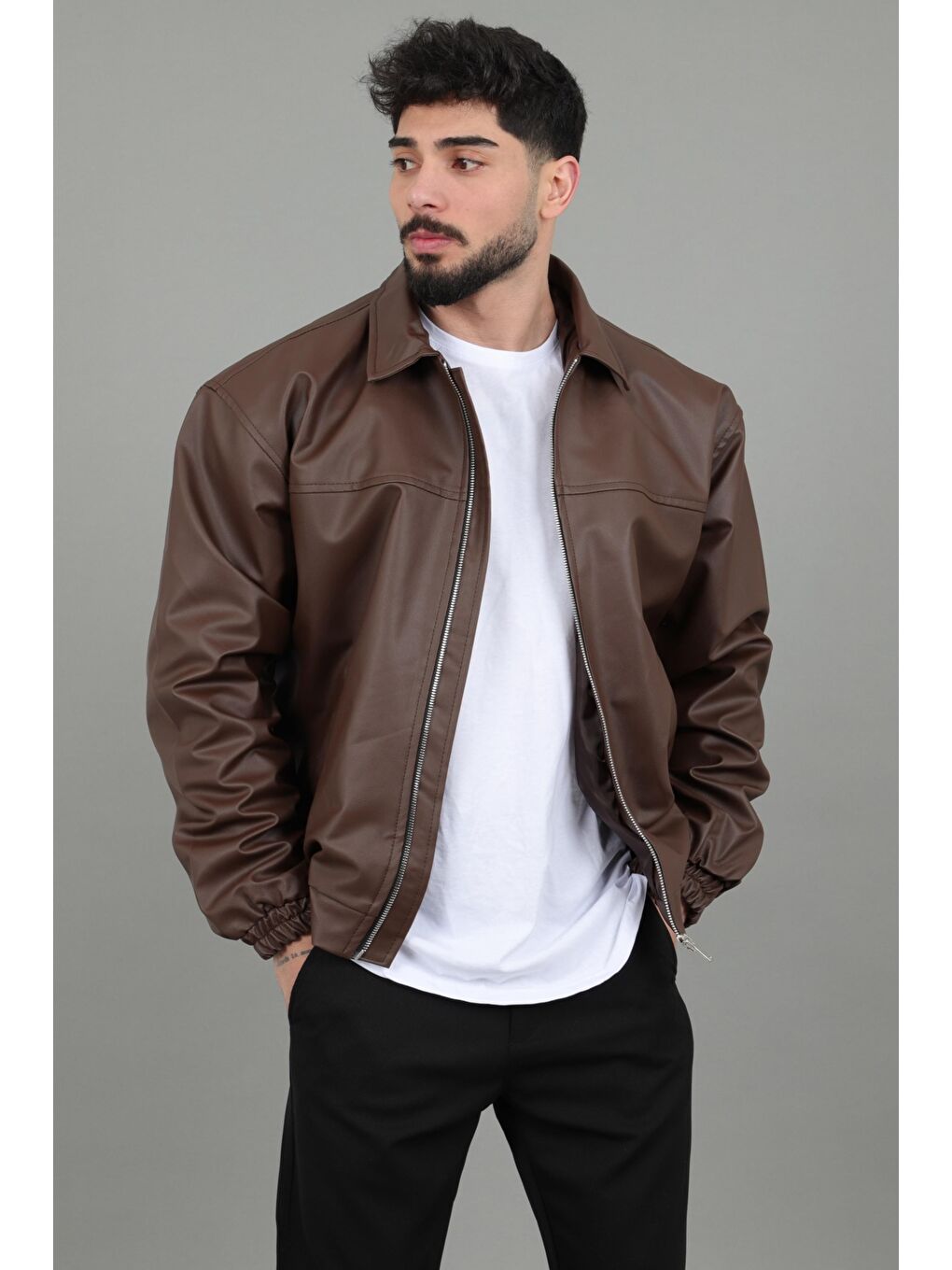 Kahverengi Yakalı Bel Lastikli Suni Deri Mont 1787_50446-4