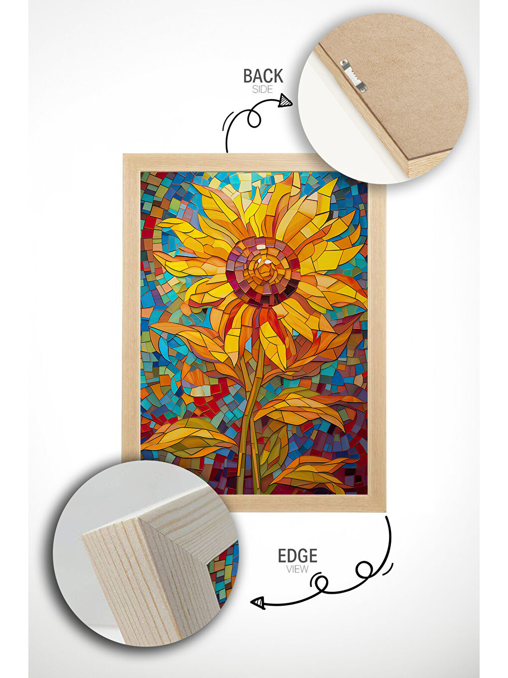 Beyaz Tek Parça Gerçek Ham Ahşap Çerçeveli Mosaic Temalı Tablo - Model 1 - MSCARTMDL1-5070-3