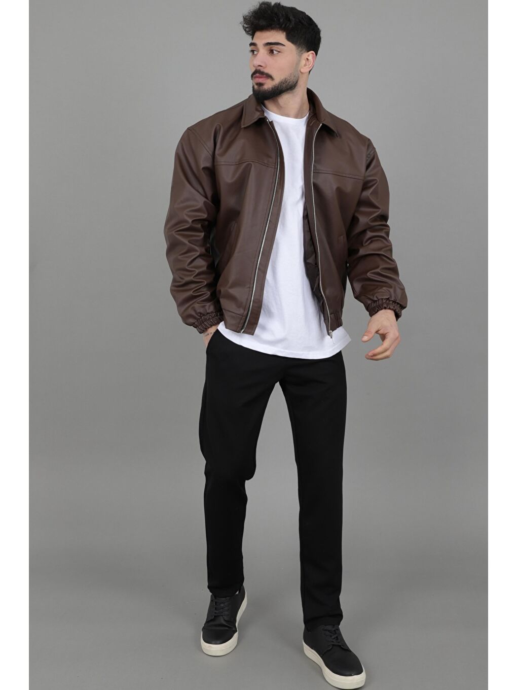 Kahverengi Yakalı Bel Lastikli Suni Deri Mont 1787_50446-5