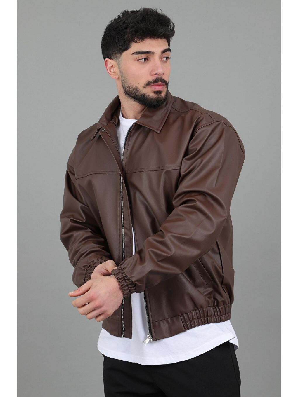 Kahverengi Yakalı Bel Lastikli Suni Deri Mont 1787_50446-7