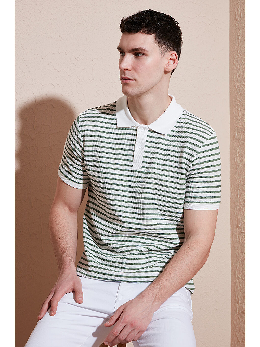 Yeşil Pamuklu Regular Fit Çizgili Polo Yaka %100 Pamuk Tişört 5903009