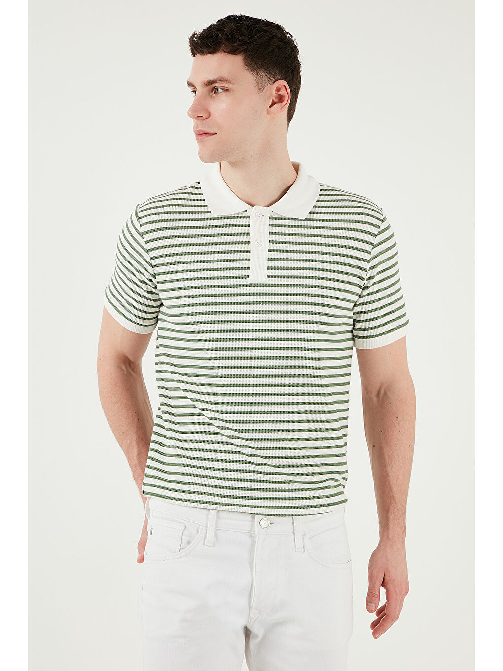 Yeşil Pamuklu Regular Fit Çizgili Polo Yaka %100 Pamuk Tişört 5903009-1