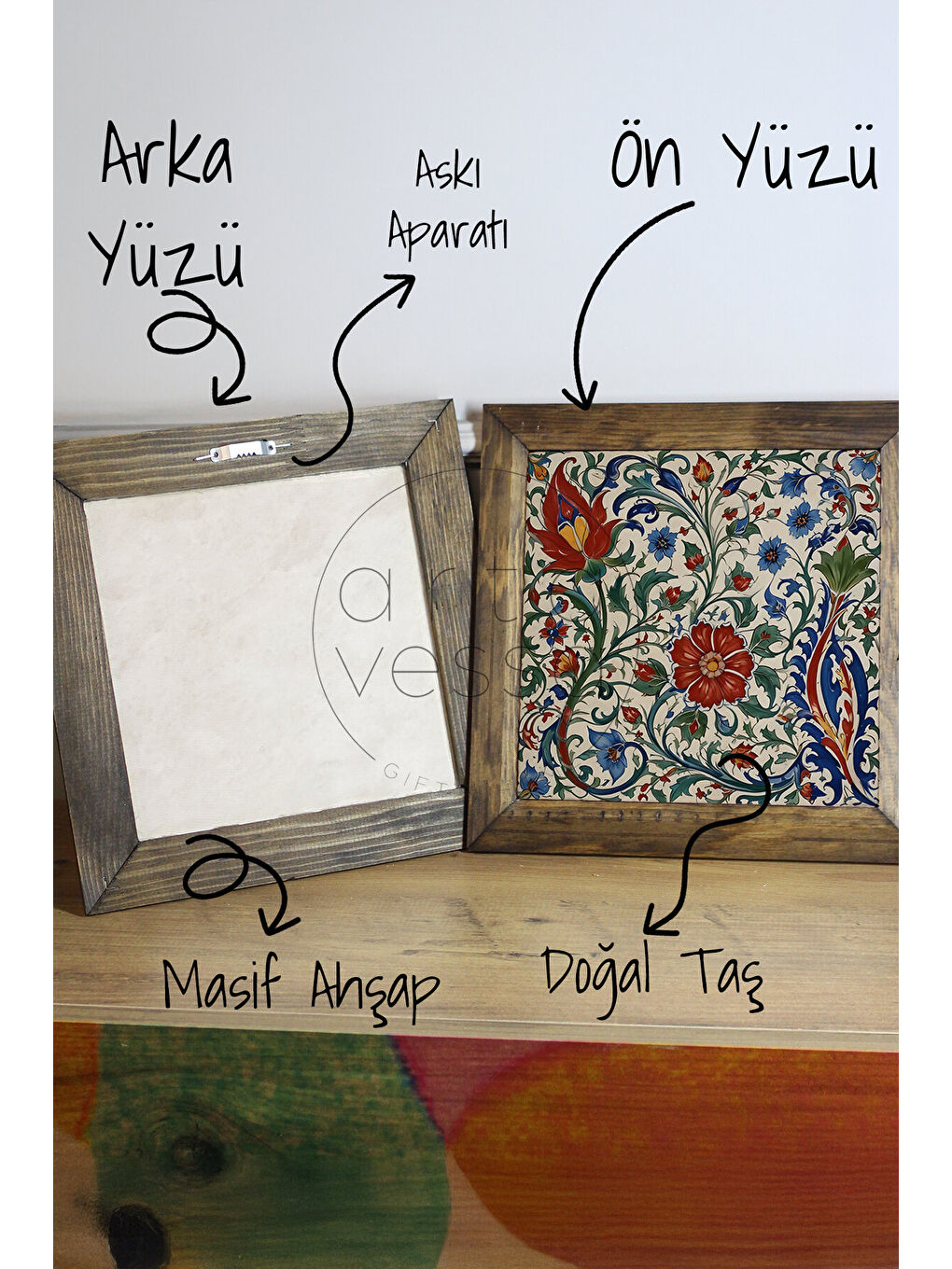 Beyaz Masif Ahşap Çerçeveli Taş Tablo Pano 16 x 16 cm - Çini 1 - 16 x 16-2