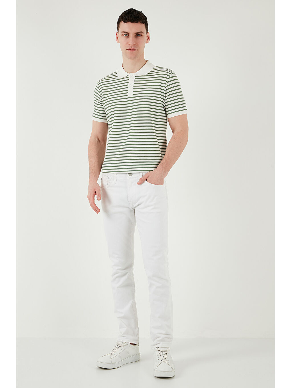 Yeşil Pamuklu Regular Fit Çizgili Polo Yaka %100 Pamuk Tişört 5903009-2