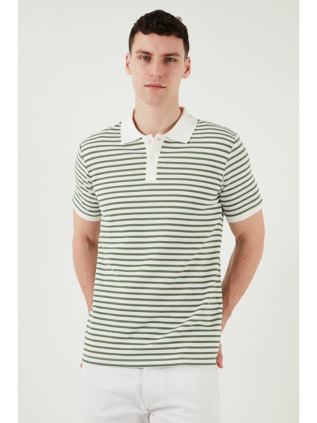 Yeşil Pamuklu Regular Fit Çizgili Polo Yaka %100 Pamuk Tişört 5903009-3