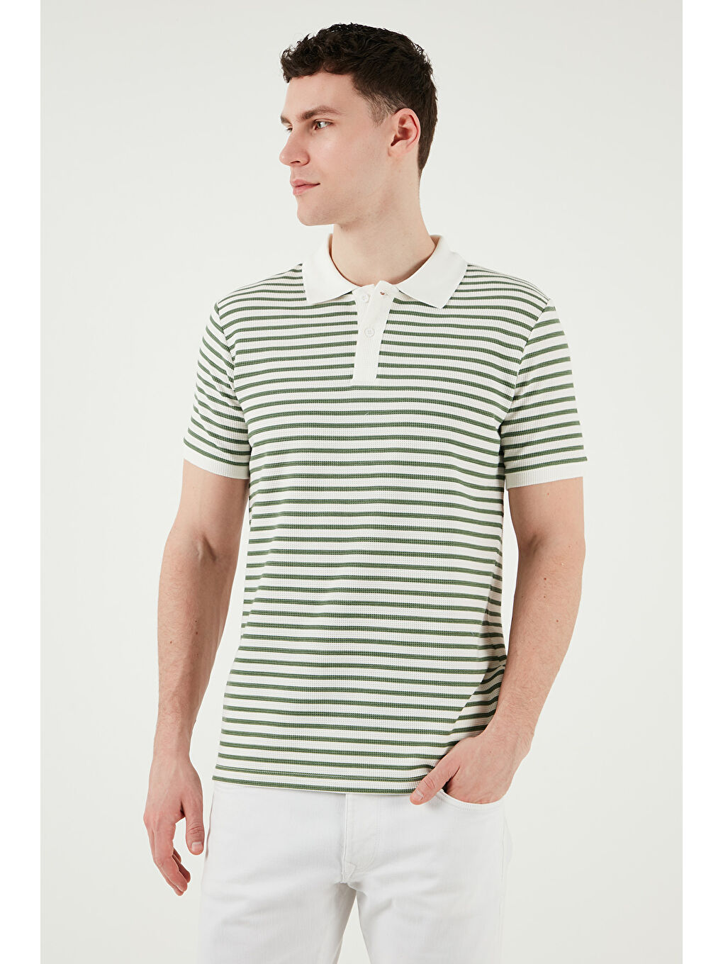 Yeşil Pamuklu Regular Fit Çizgili Polo Yaka %100 Pamuk Tişört 5903009-4