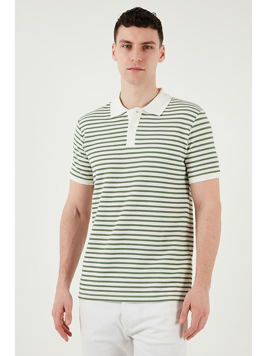 Yeşil Pamuklu Regular Fit Çizgili Polo Yaka %100 Pamuk Tişört 5903009-5