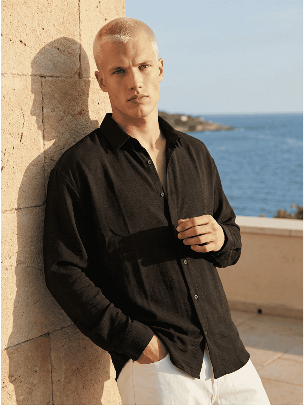 Erkek Yarım Oversize Müslin Kumaş Pamuklu Gömlek Siyah