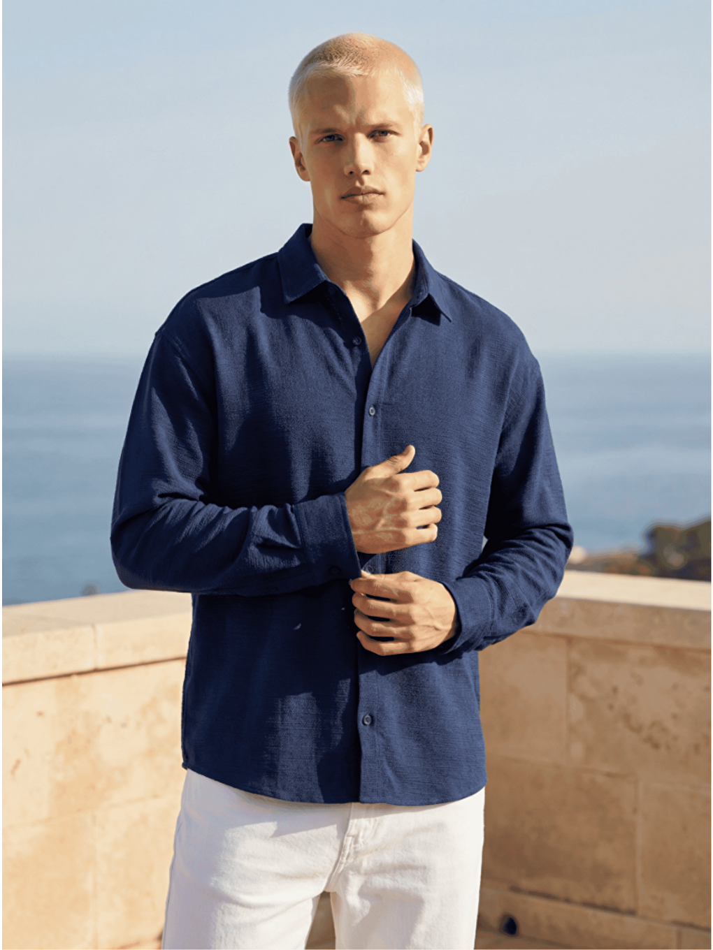 Erkek Yarım Oversize Müslin Kumaş Pamuklu Gömlek Lacivert-1