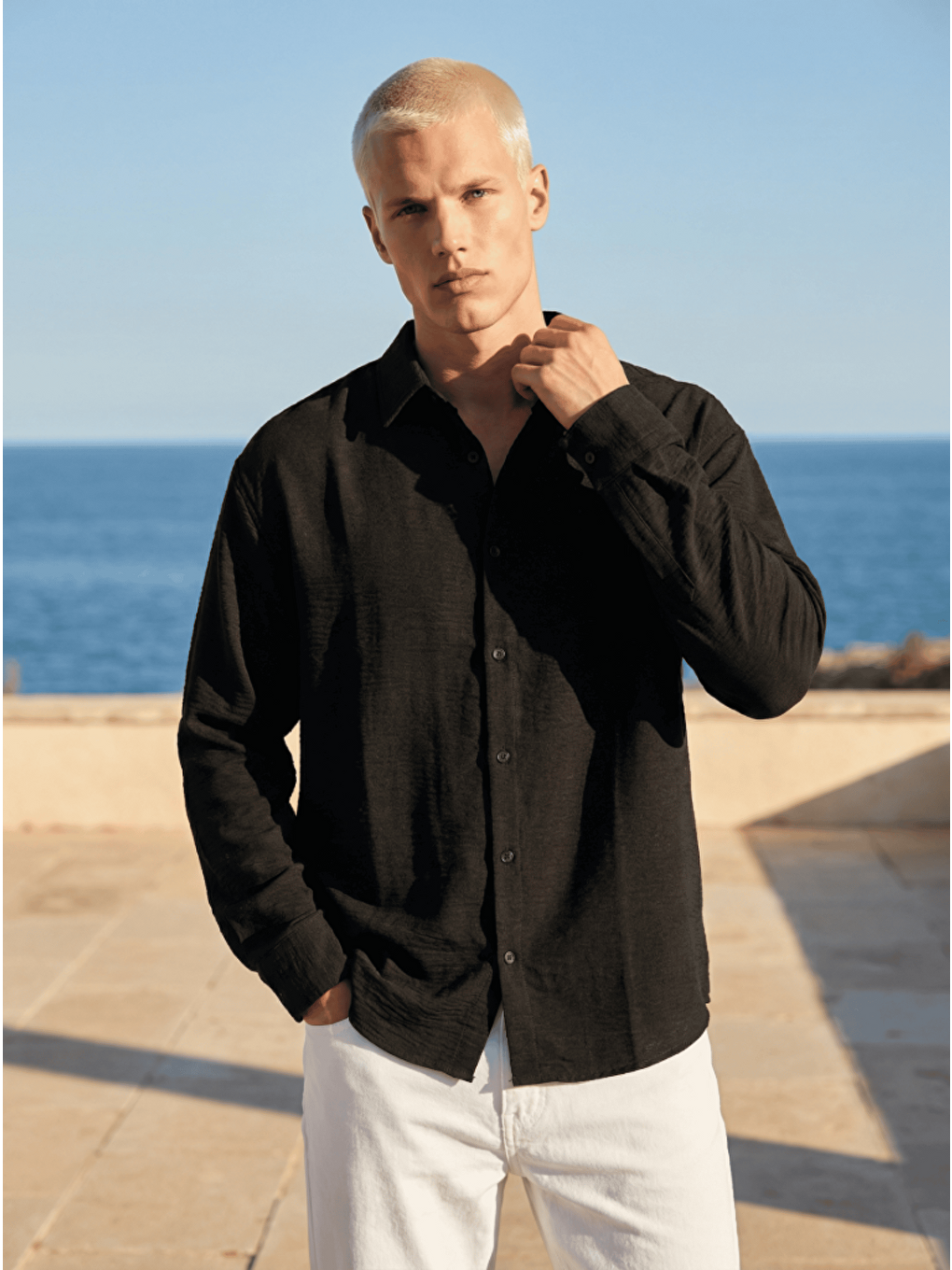 Erkek Yarım Oversize Müslin Kumaş Pamuklu Gömlek Siyah-1