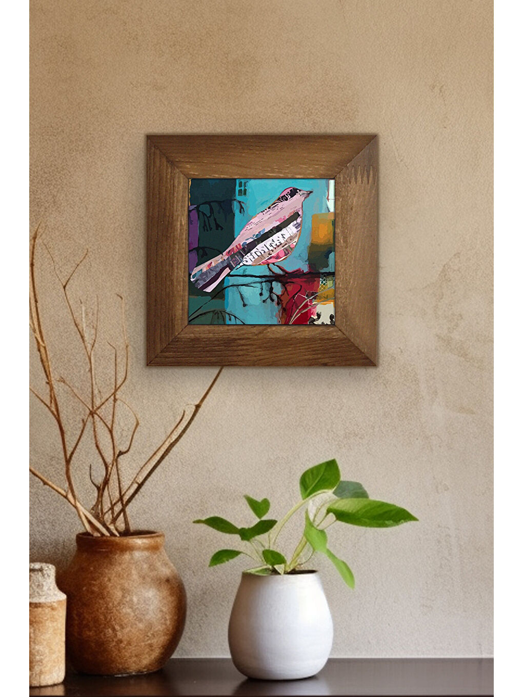 Beyaz Masif Ahşap Çerçeveli Taş Tablo Pano 15,5 x 15,5 cm - ARTVESSAKARO35