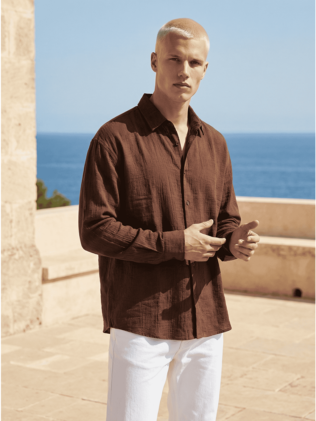 Erkek Yarım Oversize Müslin Kumaş Pamuklu Gömlek Kahverengi-1