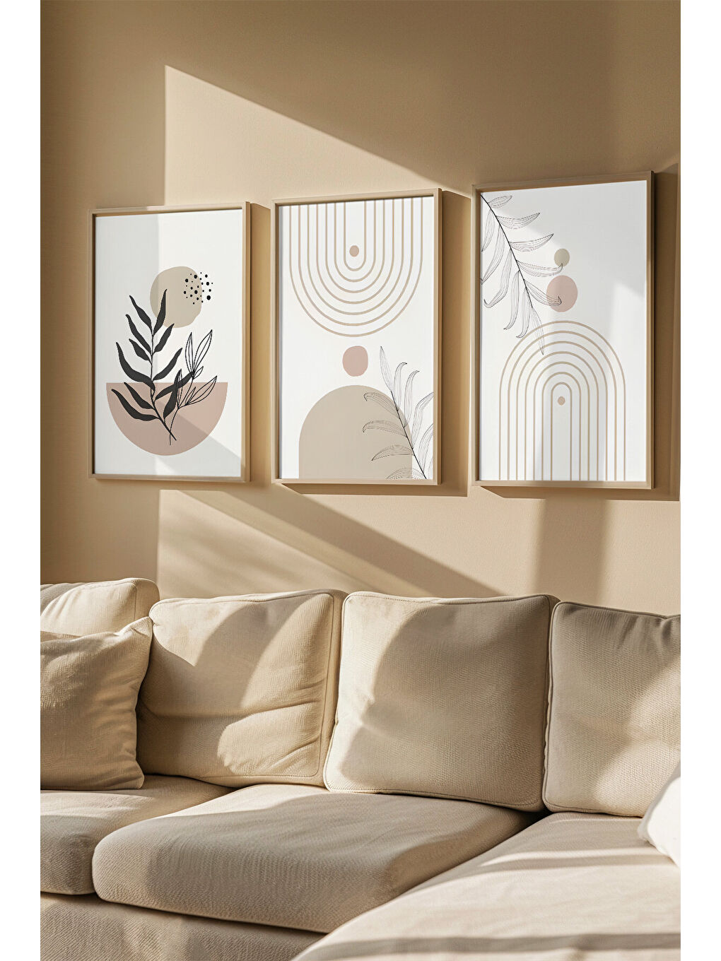 Beyaz 3 Parça Gerçek Ahşap Renkli Çerçeveli Tablo Seti - Model 7 - ARTVMODEL7-AHSAP