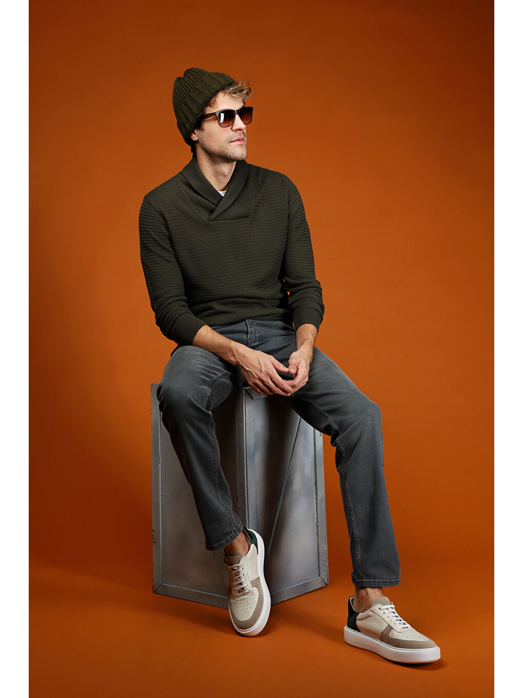 Haki Şal Yaka Slim Fit Dar Kesim Desenli Pamuklu Triko Kazak