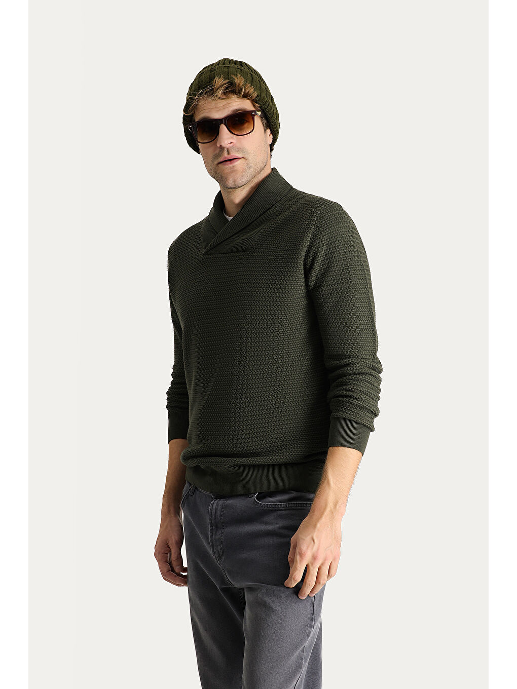 Haki Şal Yaka Slim Fit Dar Kesim Desenli Pamuklu Triko Kazak-1