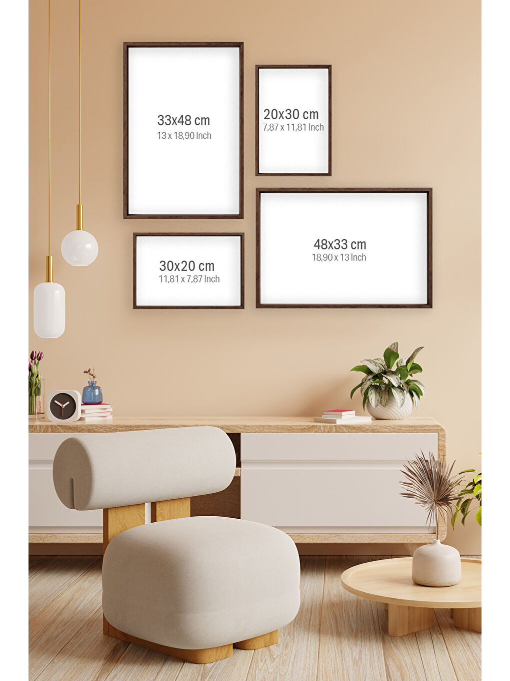 Beyaz 3 Parça Kahverengi Gerçek Ahşap Çerçeveli Tablo Seti - Model 18 - ERSY3KHVCRV18-2030-5