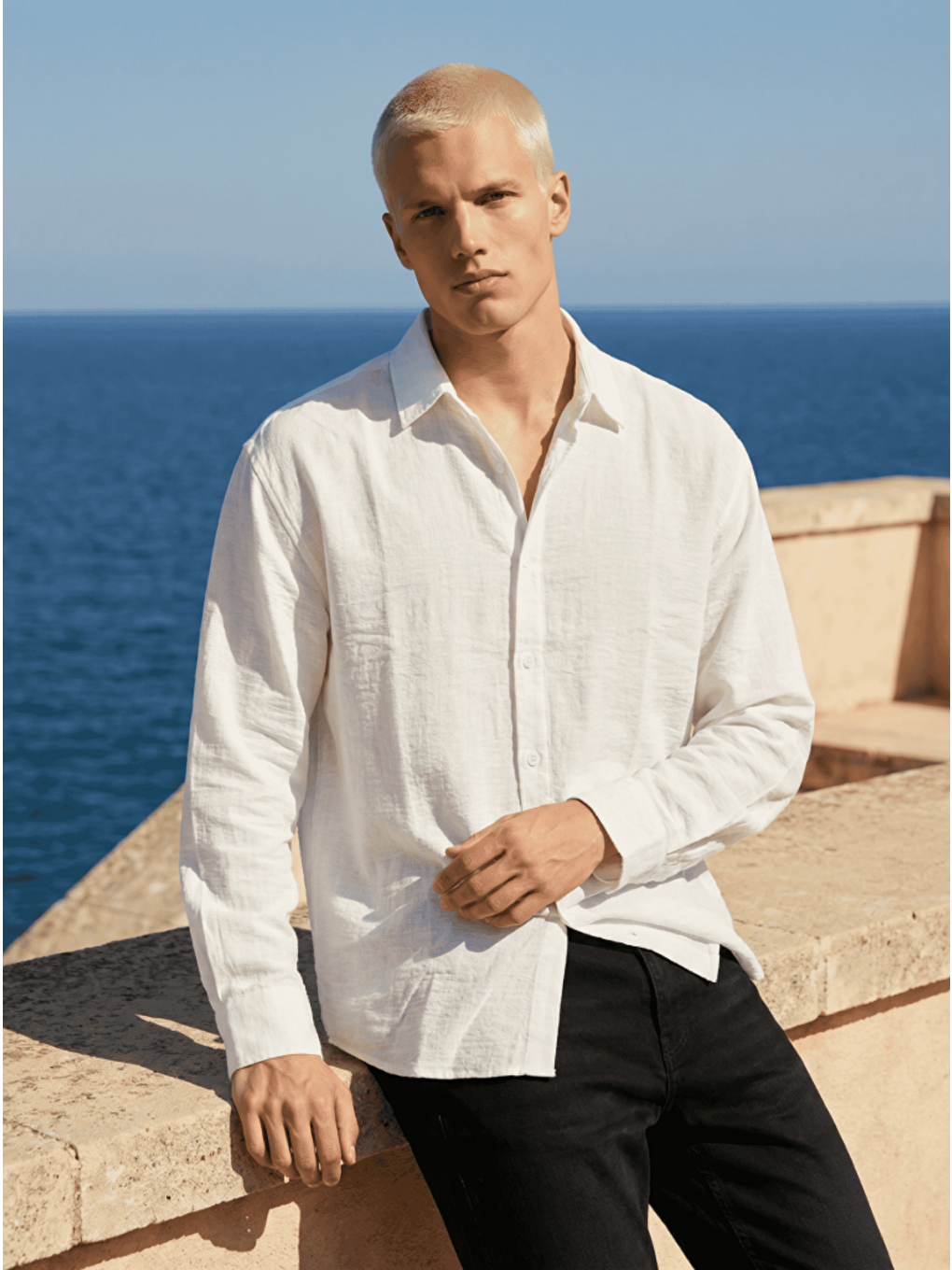 Erkek Yarım Oversize Müslin Kumaş Pamuklu Gömlek Beyaz-1