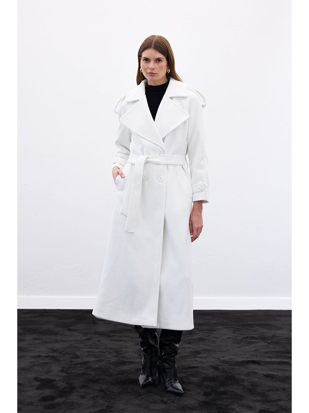 Geniş Yaka Uzun Kaban - Ekru-2